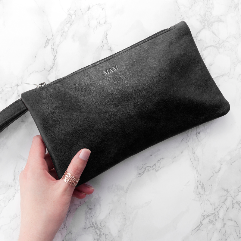 Personalised Monogrammed Black Leather Clutch Bag