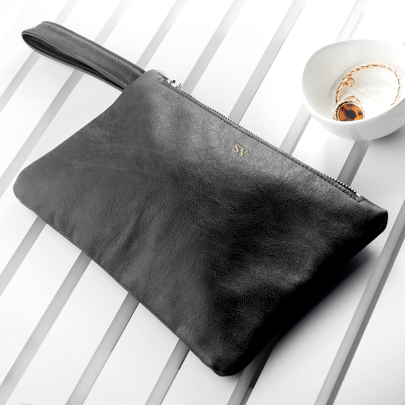 Personalised Monogrammed Black Leather Clutch Bag