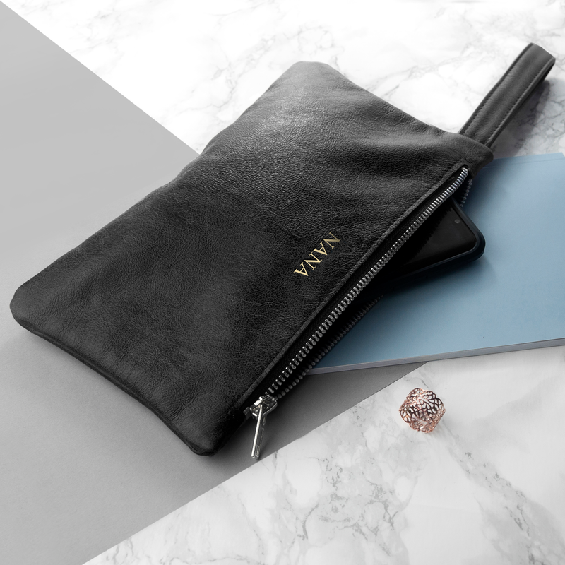 Personalised Monogrammed Black Leather Clutch Bag