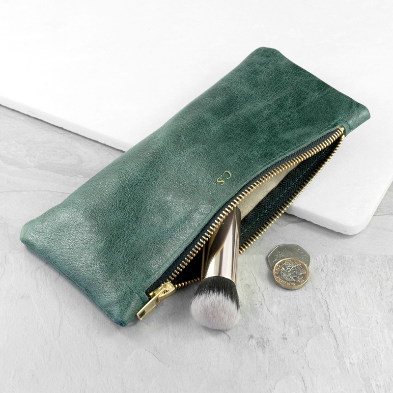 Personalised Luxury Slimline Leather Clutch in Bottle Green