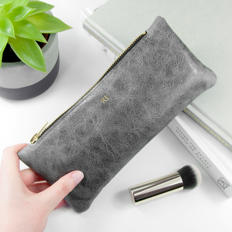 Personalised Luxury Slimline Leather Clutch in Stone Grey