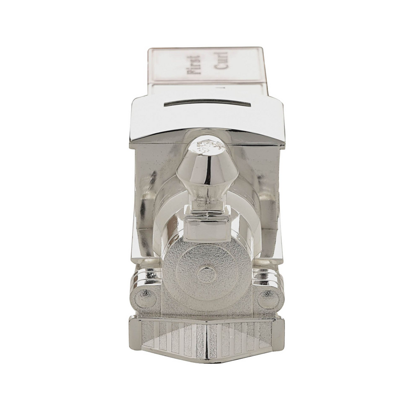 Personalised Silver Plated Train Money Box with First Tooth and Curl Carriage