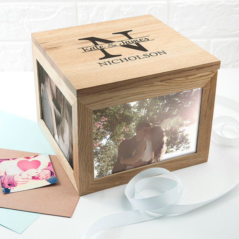 Personalised Oak Photo Keepsake Box with Couple Monogram