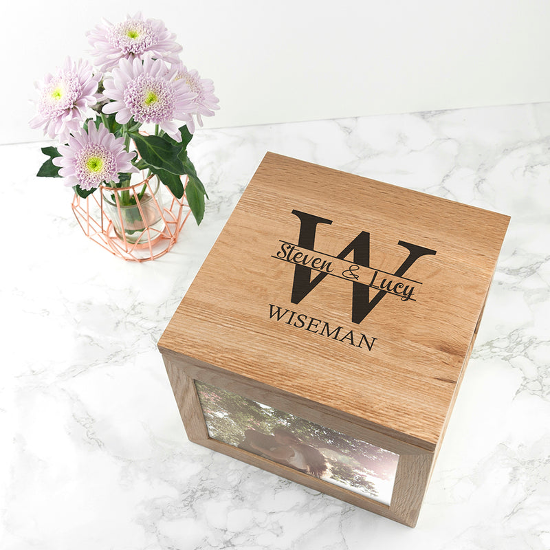 Personalised Oak Photo Keepsake Box with Couple Monogram