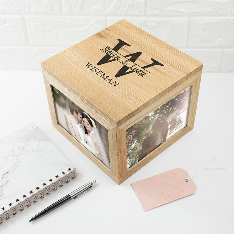 Personalised Oak Photo Keepsake Box with Couple Monogram