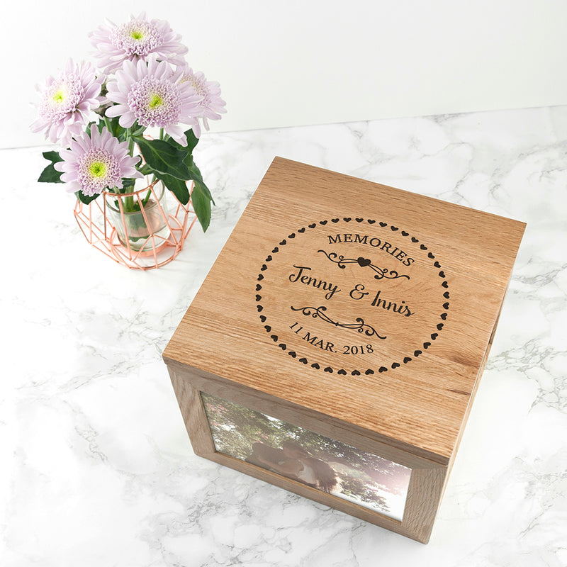 Personalised Couples' Oak Photo Keepsake Box with Heart Frame