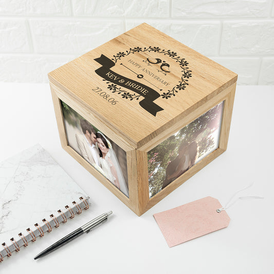 Personalised Love Birds' Oak Photo Keepsake Box