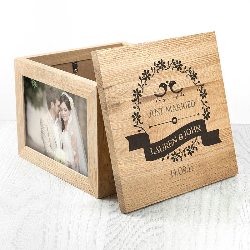 Personalised Love Birds' Oak Photo Keepsake Box