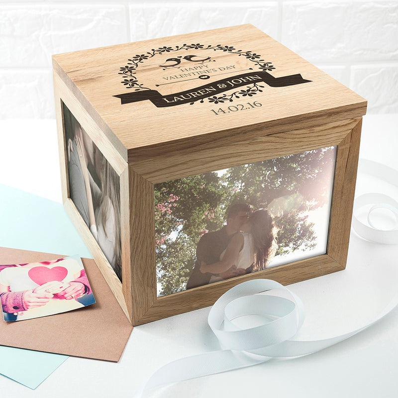 Personalised Love Birds' Oak Photo Keepsake Box