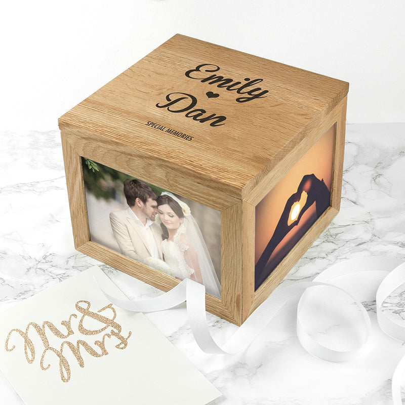 Personalised Oak Photo Keepsake Box Couple Name and Heart