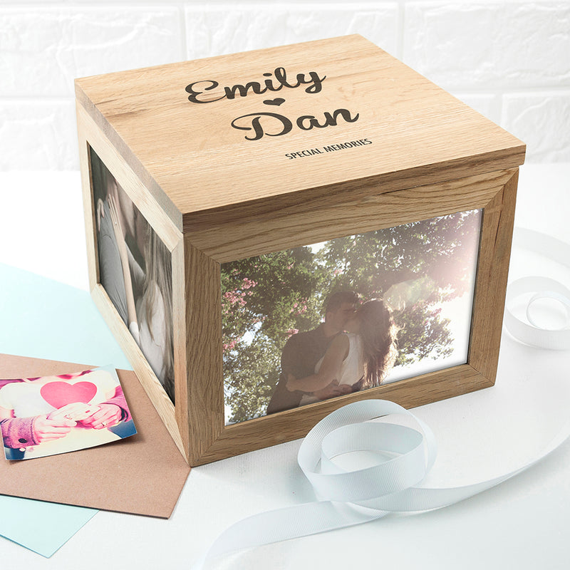 Personalised Oak Photo Keepsake Box Couple Name and Heart