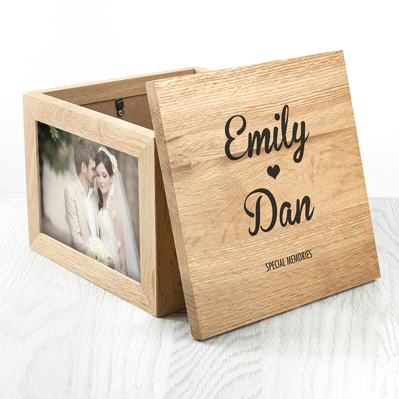 Personalised Oak Photo Keepsake Box Couple Name and Heart
