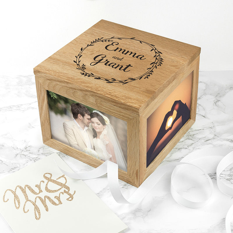 Personalised Couple's Oak Photo Keepsake Box With Wreath Design