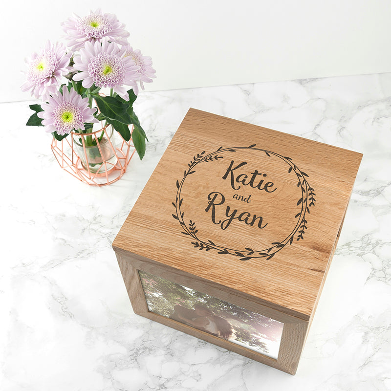 Personalised Couple's Oak Photo Keepsake Box With Wreath Design
