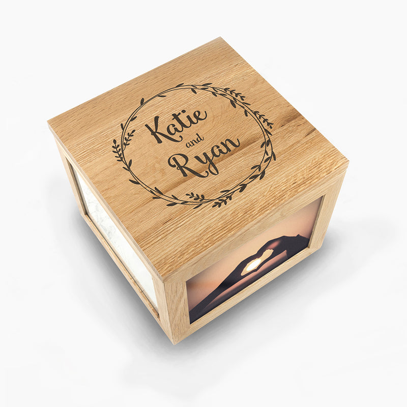 Personalised Couple's Oak Photo Keepsake Box With Wreath Design