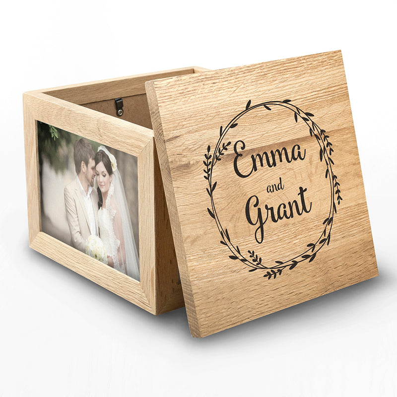 Personalised Couple's Oak Photo Keepsake Box With Wreath Design