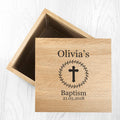 Personalised Christening Cross Oak Photo Keepsake Box with Leaf Frame
