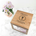 Personalised Christening Cross Oak Photo Keepsake Box with Leaf Frame