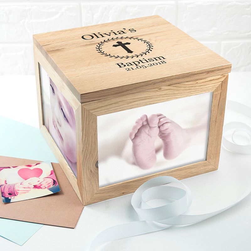 Personalised Christening Cross Oak Photo Keepsake Box with Leaf Frame