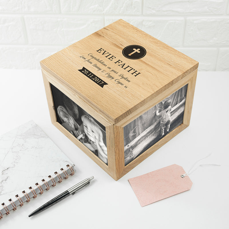 Personalised Christening Oak Photo Keepsake Box
