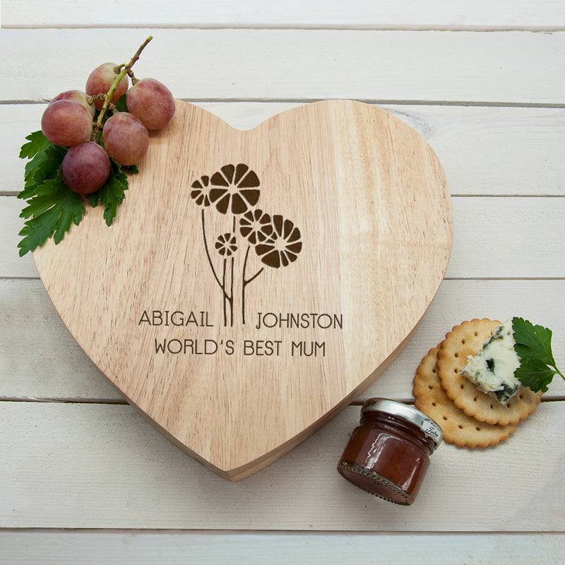 Personalised Worlds Best Mum with Daisy Flowers Heart Cheese Board