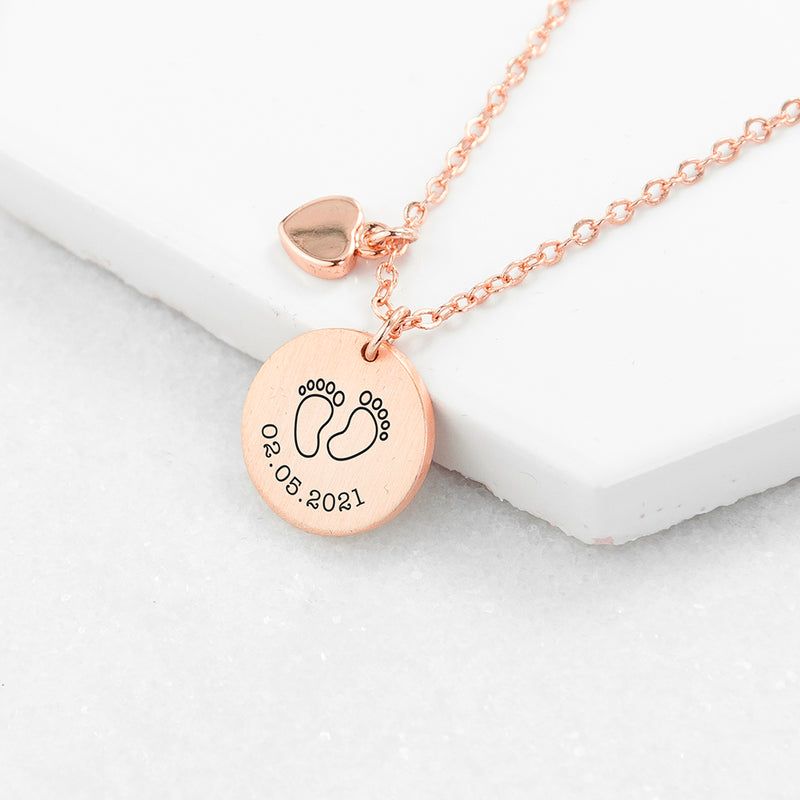 Personalised Baby Feet Matte Heart & Disc Necklace