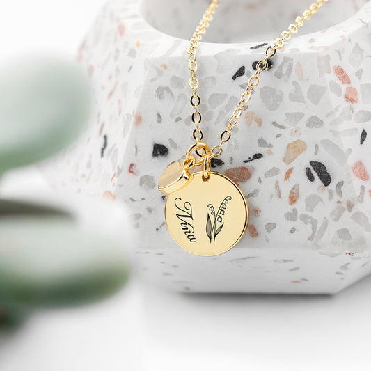 Personalised Birth Flower Heart and Disc Necklace