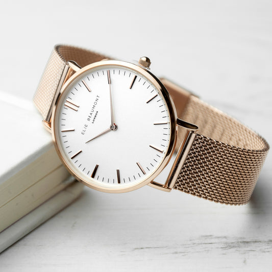 Personalised Eid Mubarak Elie Beaumont Ladies Rose Gold Mesh Strapped Watch With White Dial