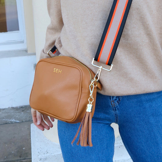 Personalised Elie Beaumont Tan Bag with Black Orange Strap