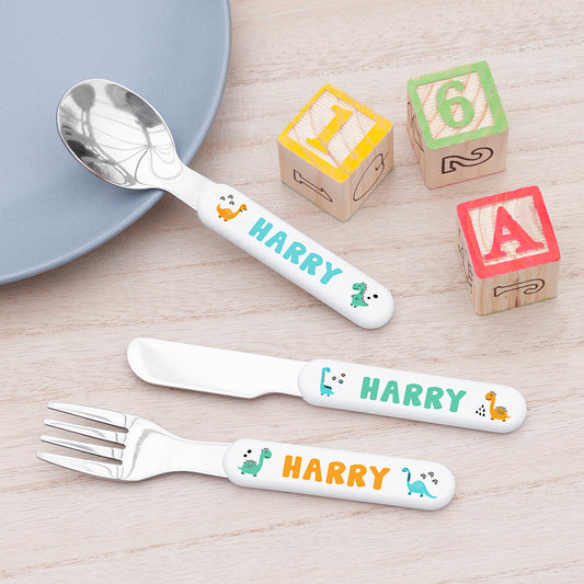 Personalised Kids Cute Dinosaur Cutlery Set - Metal