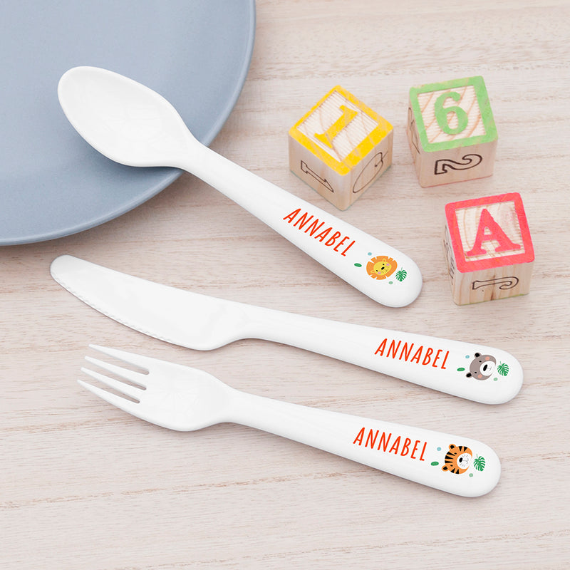 Personalised Kids Jungle Animal Cutlery Set - Plastic