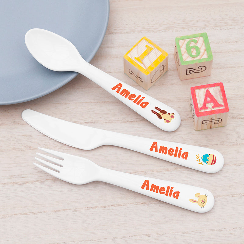 Personalised Kids Spring Bunny Cutlery Set - Plastic