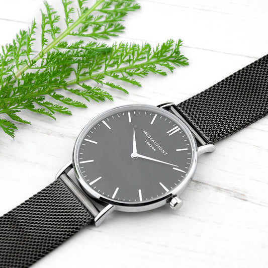 Personalised Men's Metallic Charcoal Grey Watch With Black Face