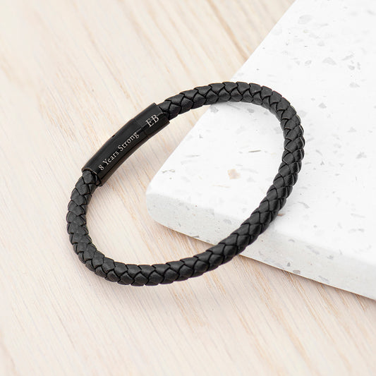 Personalised Mens Woven Black Leather Bracelet