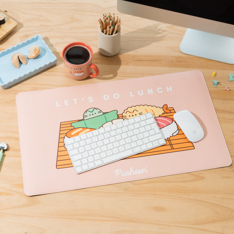 Pusheen Sushi Roll XL Vegan Leather Desk Mat close up detail