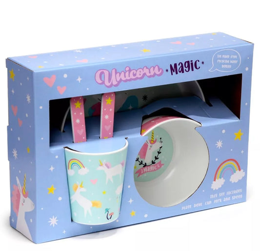 Unicorn Magic 5 Piece Kids Toddlers Cup Bowl Plate Cutlery Set New FREE P&P