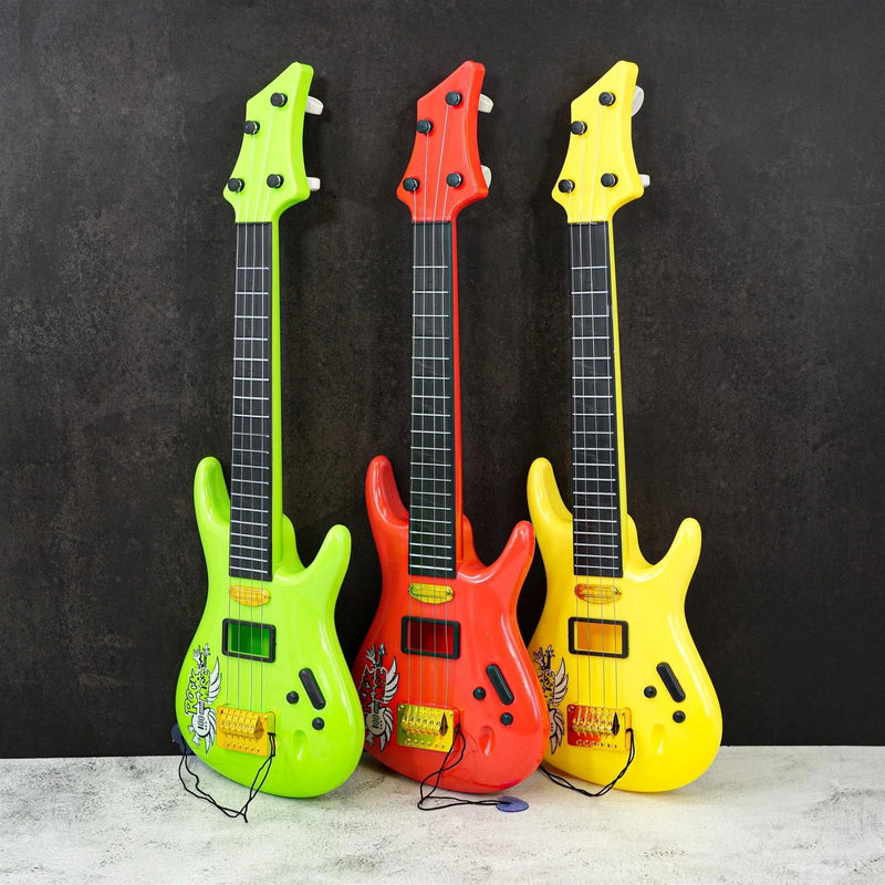 Kids Rock Guitar Toy – 4-String Musical Instrument (3 Assorted Colours) | Ages 3+, close-up detail