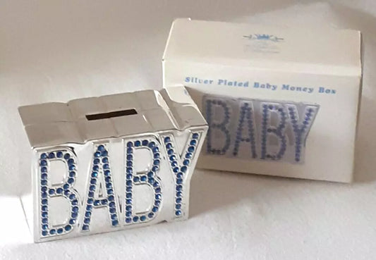 Silver Plated - Baby Money Box - Blue