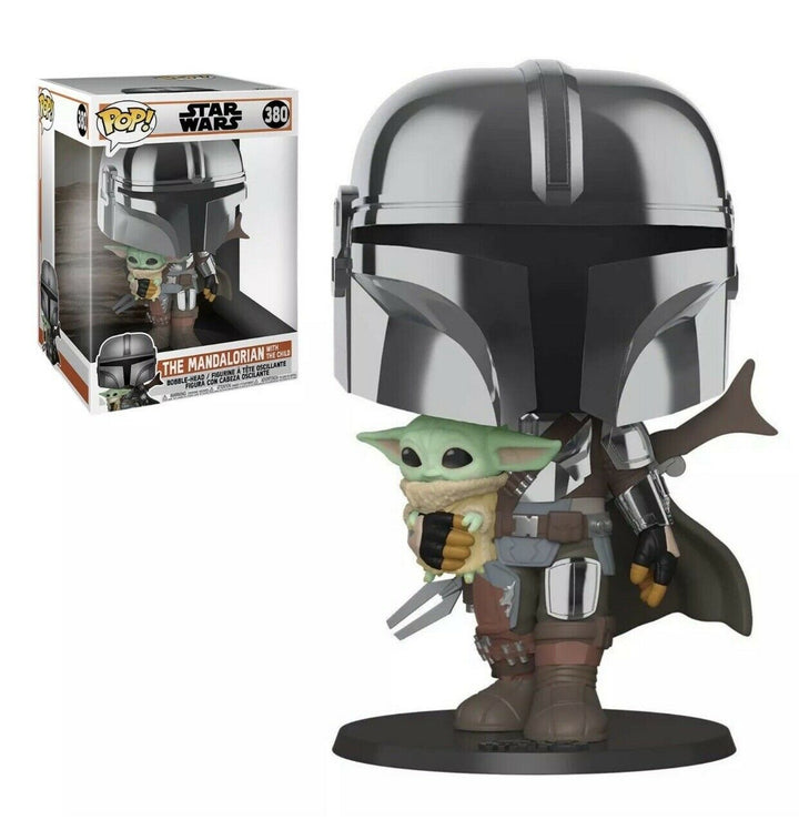 Star Wars The Mandalorian with Chrome Armour Carrying Baby Yoda 10" Pop! Vinyl Figure