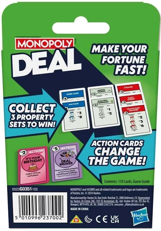 Monopoly Brand Monopoly Deal Family Card Game UK, close-up detail