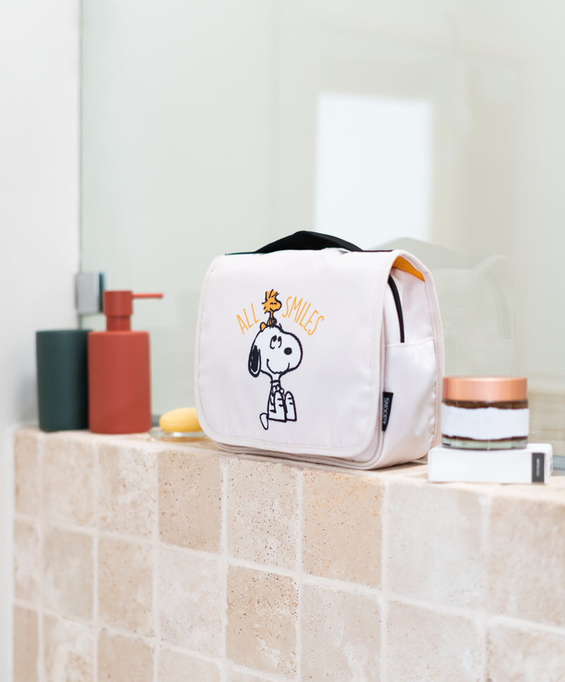 Snoopy Hanging Toiletry Bag with Hook and 3 Compartments close up detail