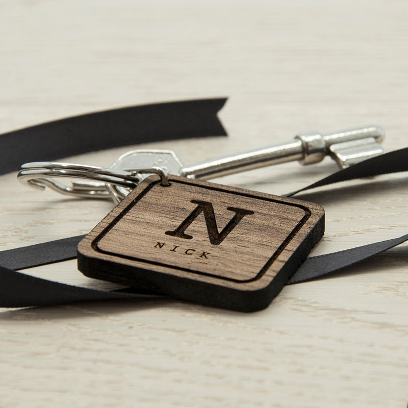 Personalised Square Wooden Key Ring - Initial and Name
