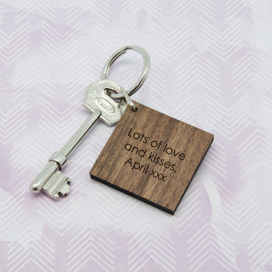 Personalised Square Wooden Key Ring - Initial decorated with leaves