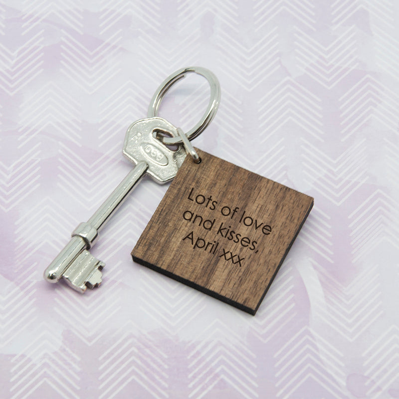 Personalised Square Wooden Key Ring - Initial decorated with leaves