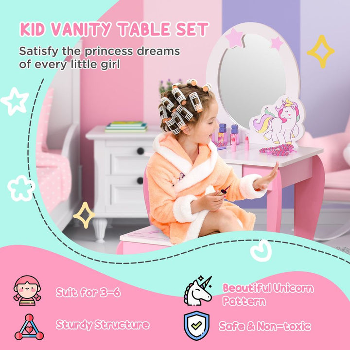 Unicorn Theme Dressing Table Vanity Set With Mirror and Stool