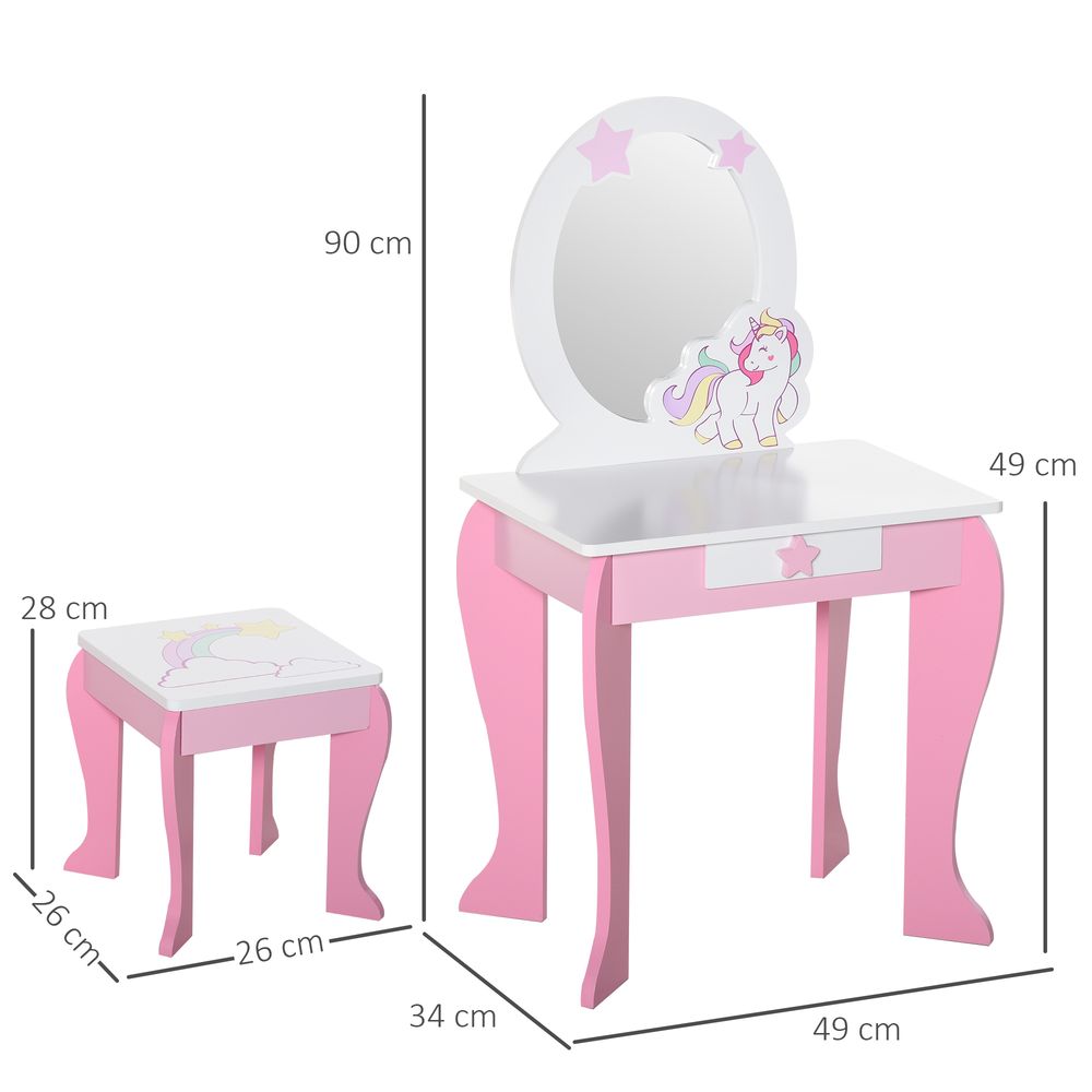 Unicorn Theme Dressing Table Vanity Set With Mirror and Stool