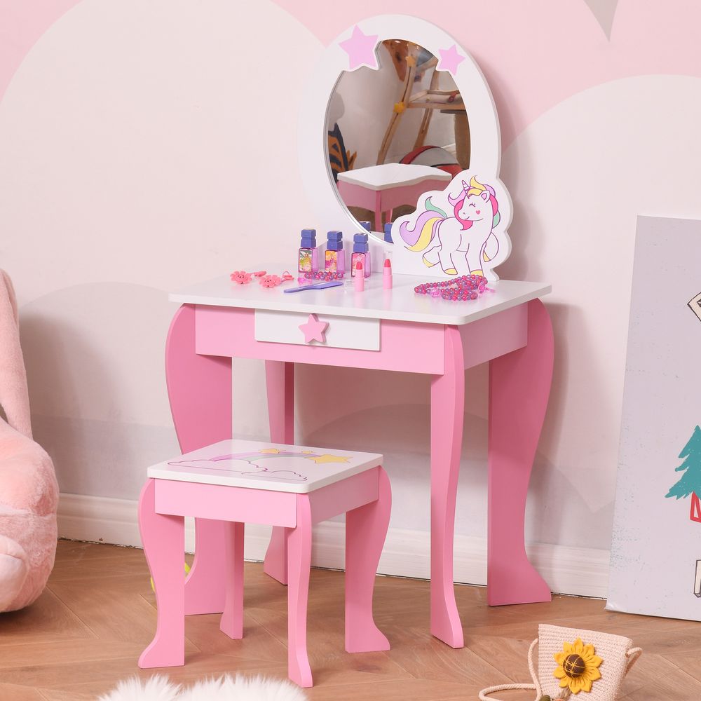 Unicorn Theme Dressing Table Vanity Set With Mirror and Stool