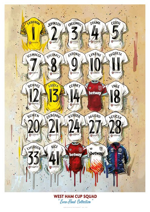 West Ham European Champions Squad Shirts A2 Signed Limited Edition Print collectible from Terry Kneeshaw Art