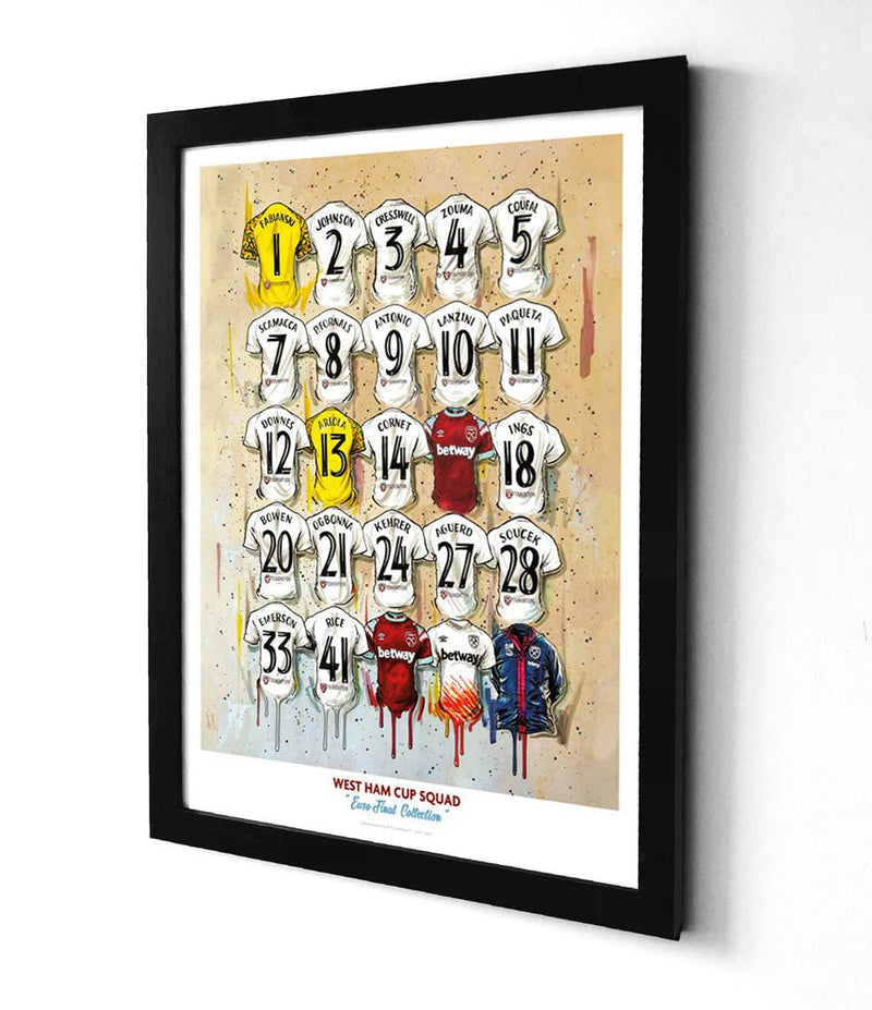 West Ham European Champions Squad Shirts A3 Framed Print, side angle