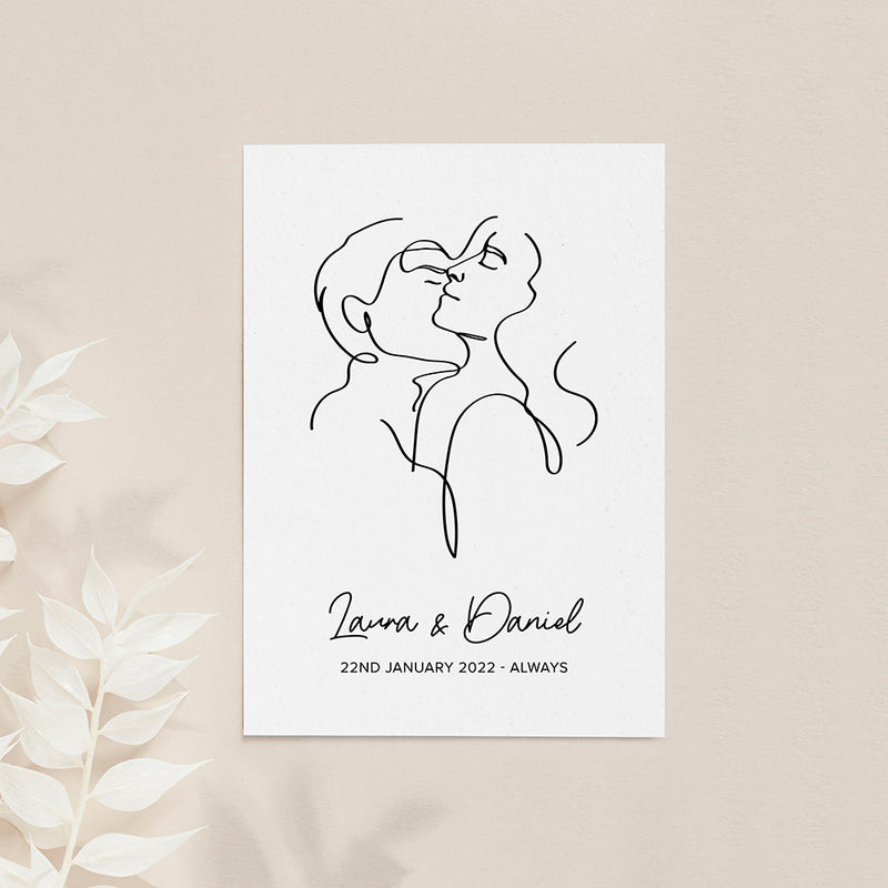 Personalised Romantic Line Art Embracing Couple Print